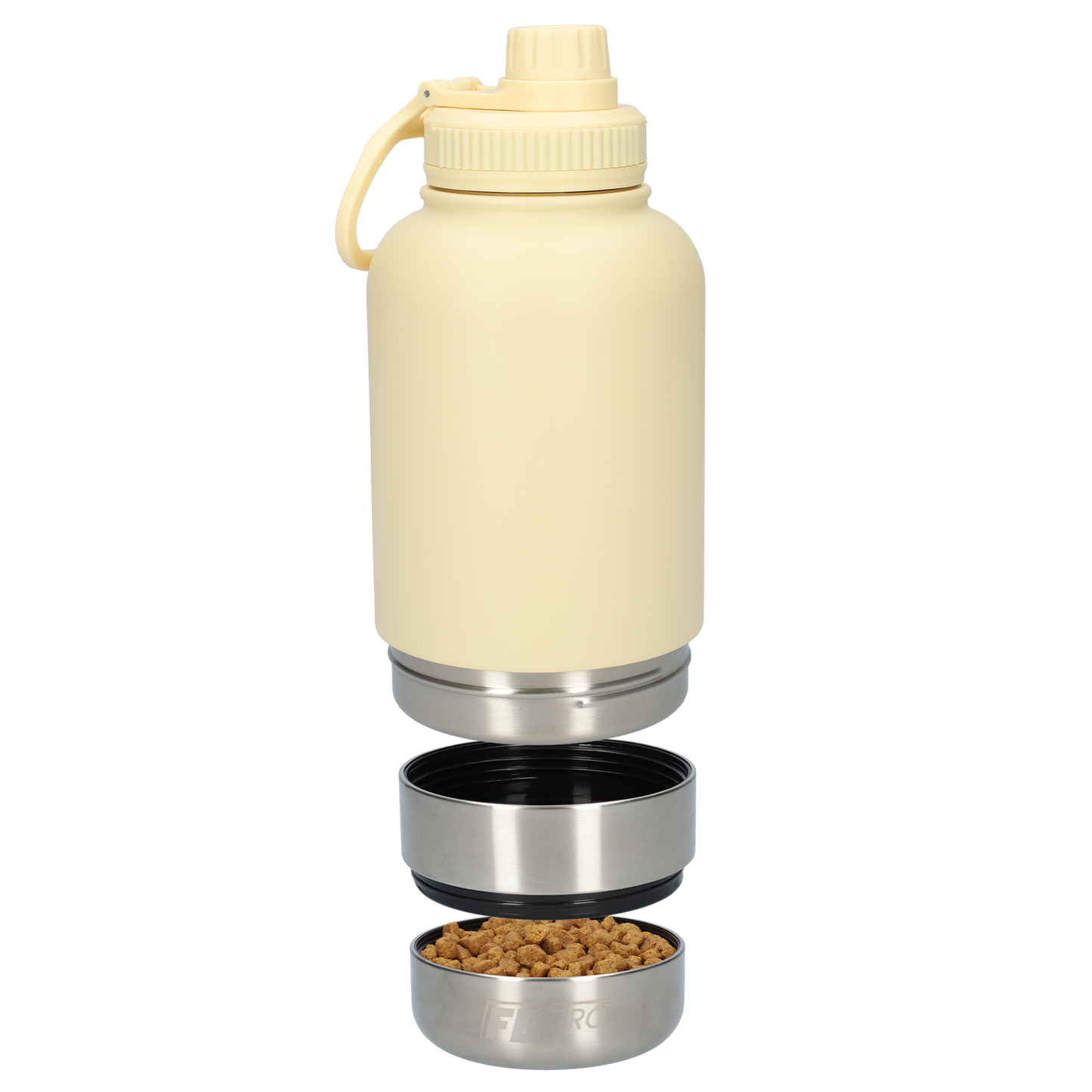 Honden drinkfles met voerbakken - Dubbelwandig - Hondendrinkbak - Hondenvoerbak - RVS Fles - BPA vrij - 1 Liter - Met handvat - Beige