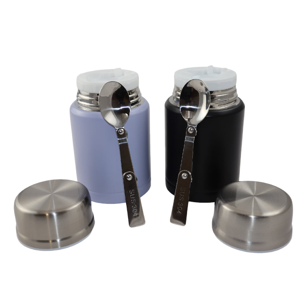 Lichtpaarse & Zwarte Thermos Voedselcontainer met Lepel x2 - Licht paars & Zwart - 450ml