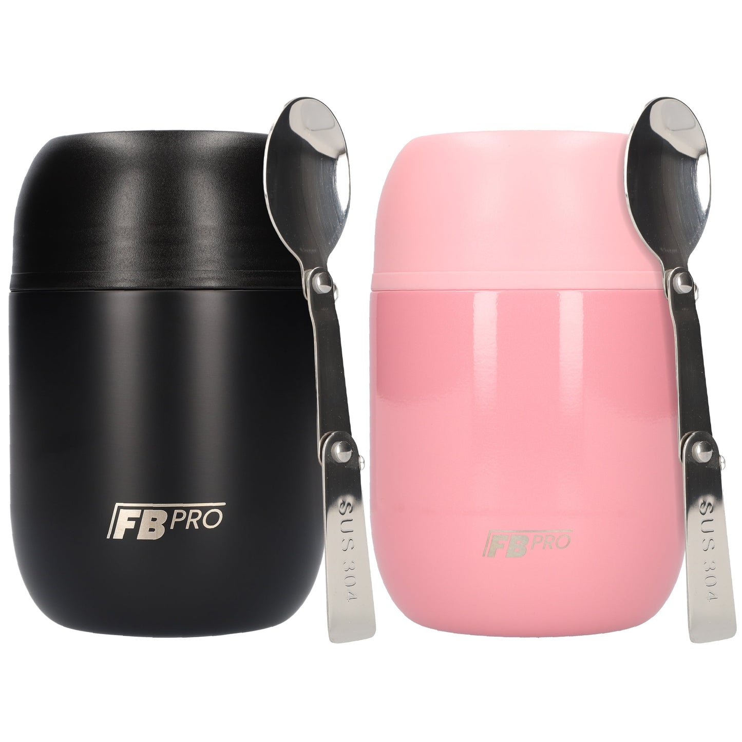 Zwarte & Lichtroze Thermos Voedselcontainer met Lepel x2 - Thermoskan - 450ml