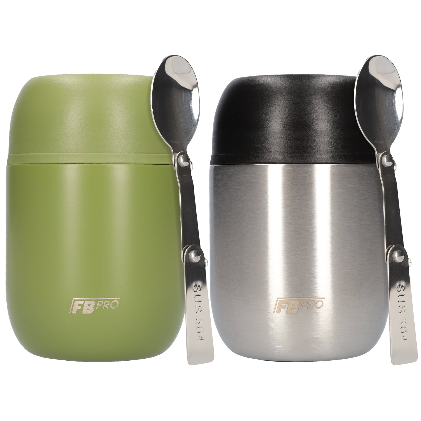 Legergroene & RVSZwarte Thermos Voedselcontainer met Lepel x2 - Thermoskan - 450ml