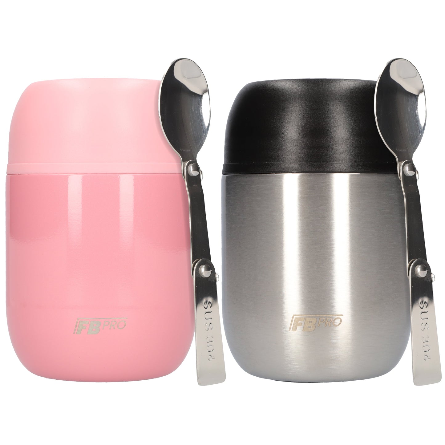 Lichtroze & RVSZwart Thermos Voedselcontainer met Lepel x2 - 450ml