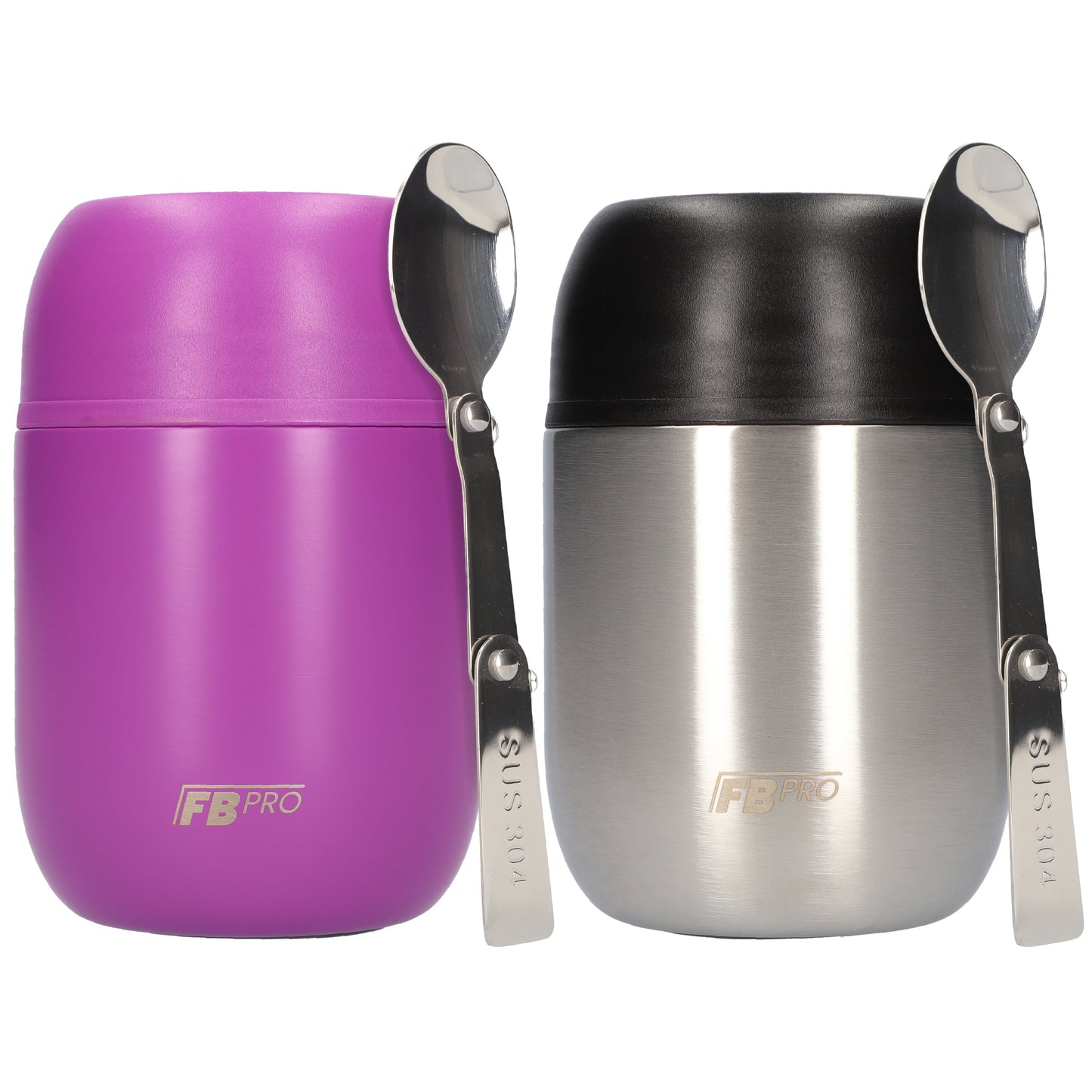 Zwarte & paarse RVS Thermos Voedselcontainer met Lepel x2 - Thermoskan - 450ml