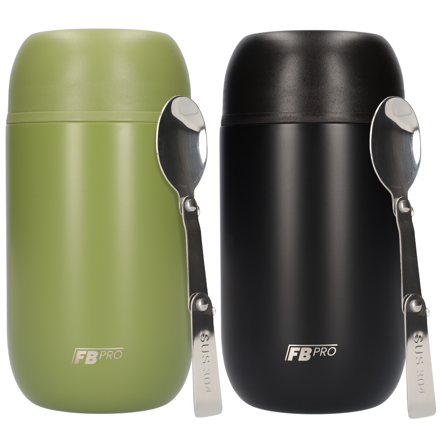 Thermoskan voor voedsel en dranken met Lepel - Thermoskan Set van 2 - Zwart & Leger Groen - 710ml