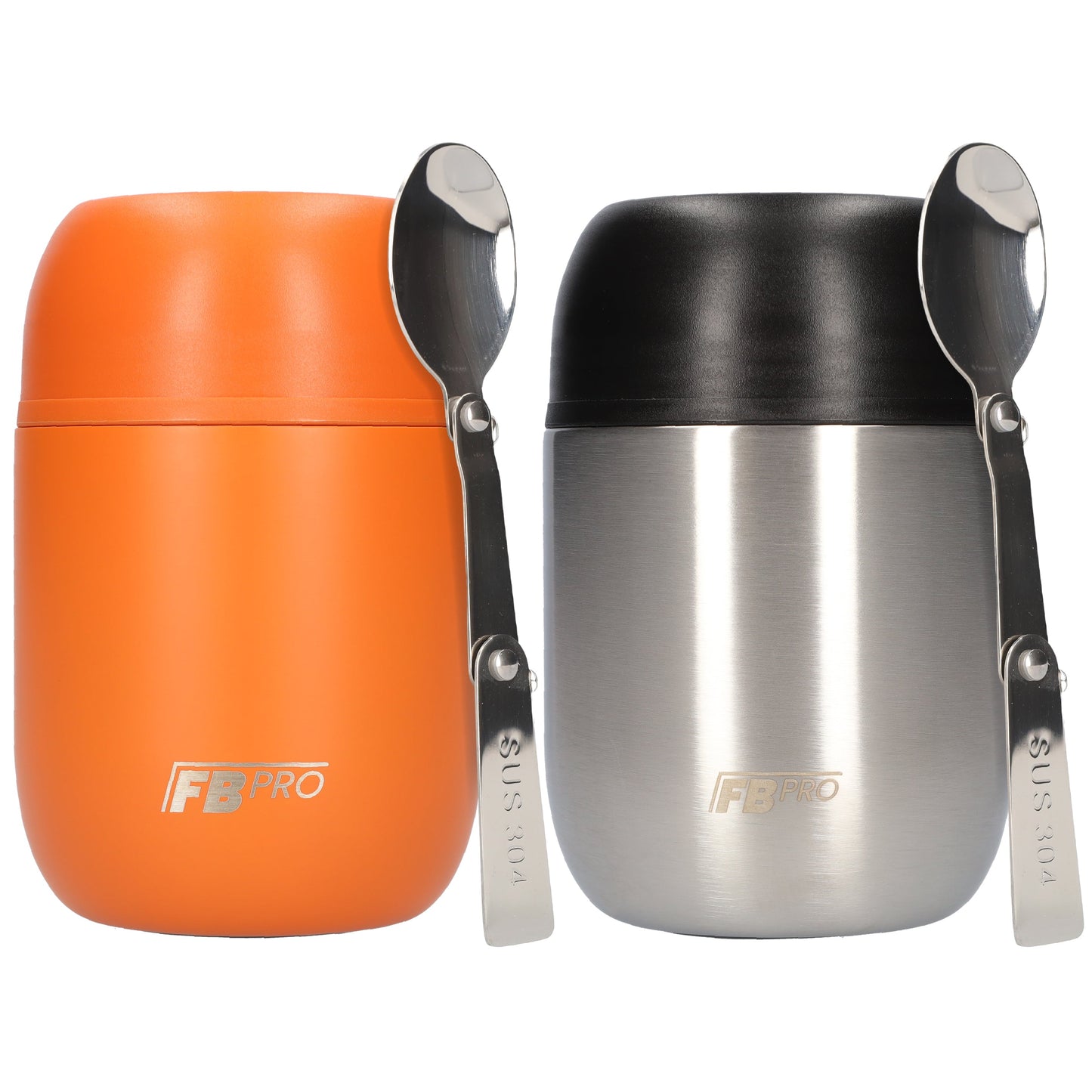 Oranje & RVSZwarte Thermos Voedselcontainer met Lepel x2 - Thermoskan - 450ml