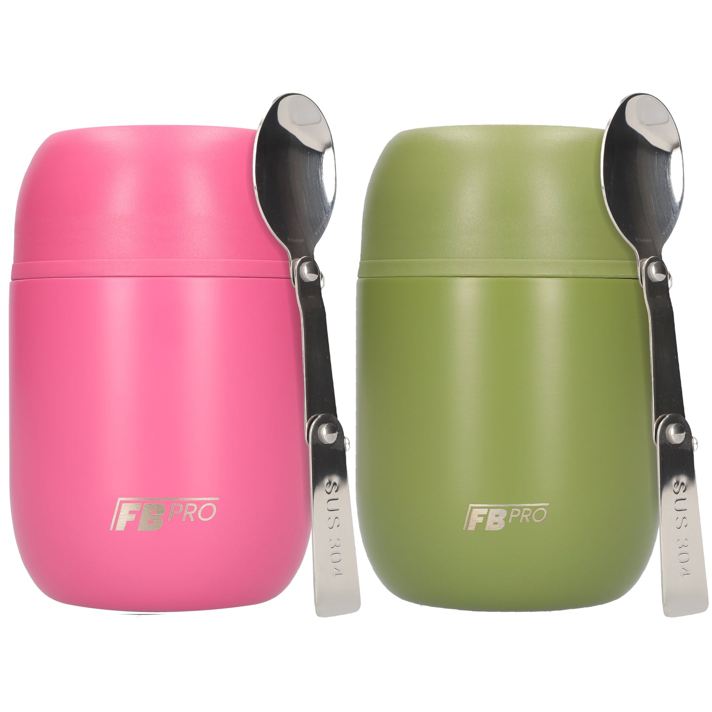 Roze + Legergroene voedselcontainer Thermos Voedselcontainer met Lepel x2 - Thermoskan - 450ml