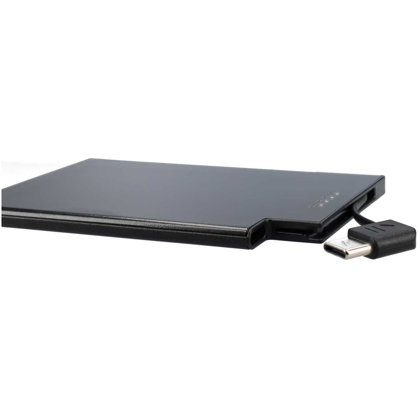 Powerbank zeer plat 5mm dik - 2650 mAh - USB ingang - USB-C - Met ingebouwde kabel! - Zwart