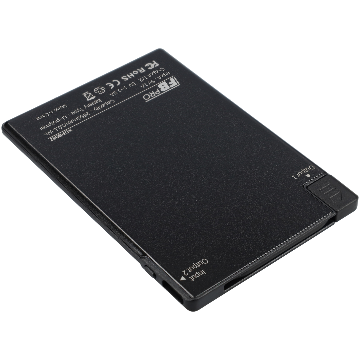 Powerbank zeer plat 5mm dik - 2650 mAh - USB ingang - USB-C - Met ingebouwde kabel! - Zwart