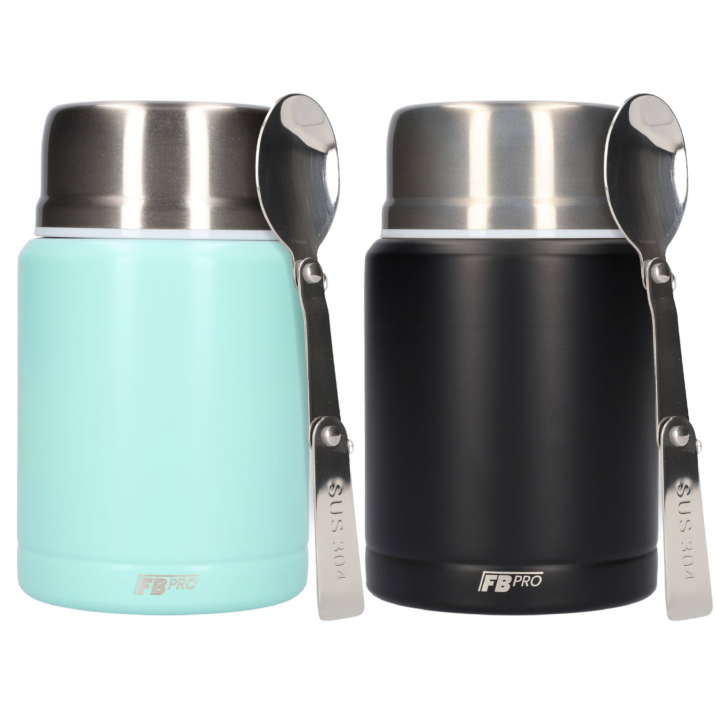 Lichtblauwe & Zwarte Thermos Voedselcontainer met Lepel x2 - Licht blauw & Zwart - 450ml