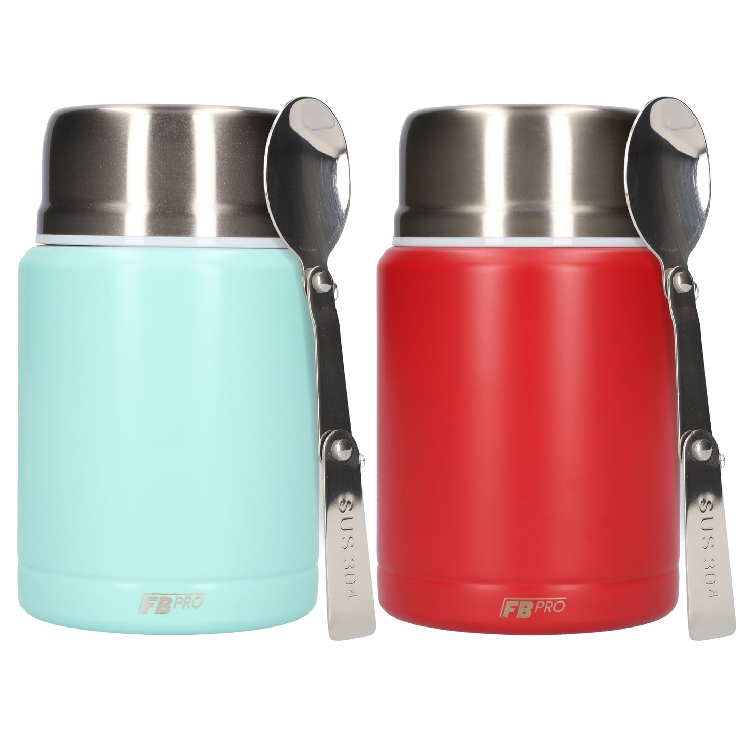 Lichtblauwe & Rode Thermos Voedselcontainer met Lepel x2 - Licht blauw & Rood - 450ml