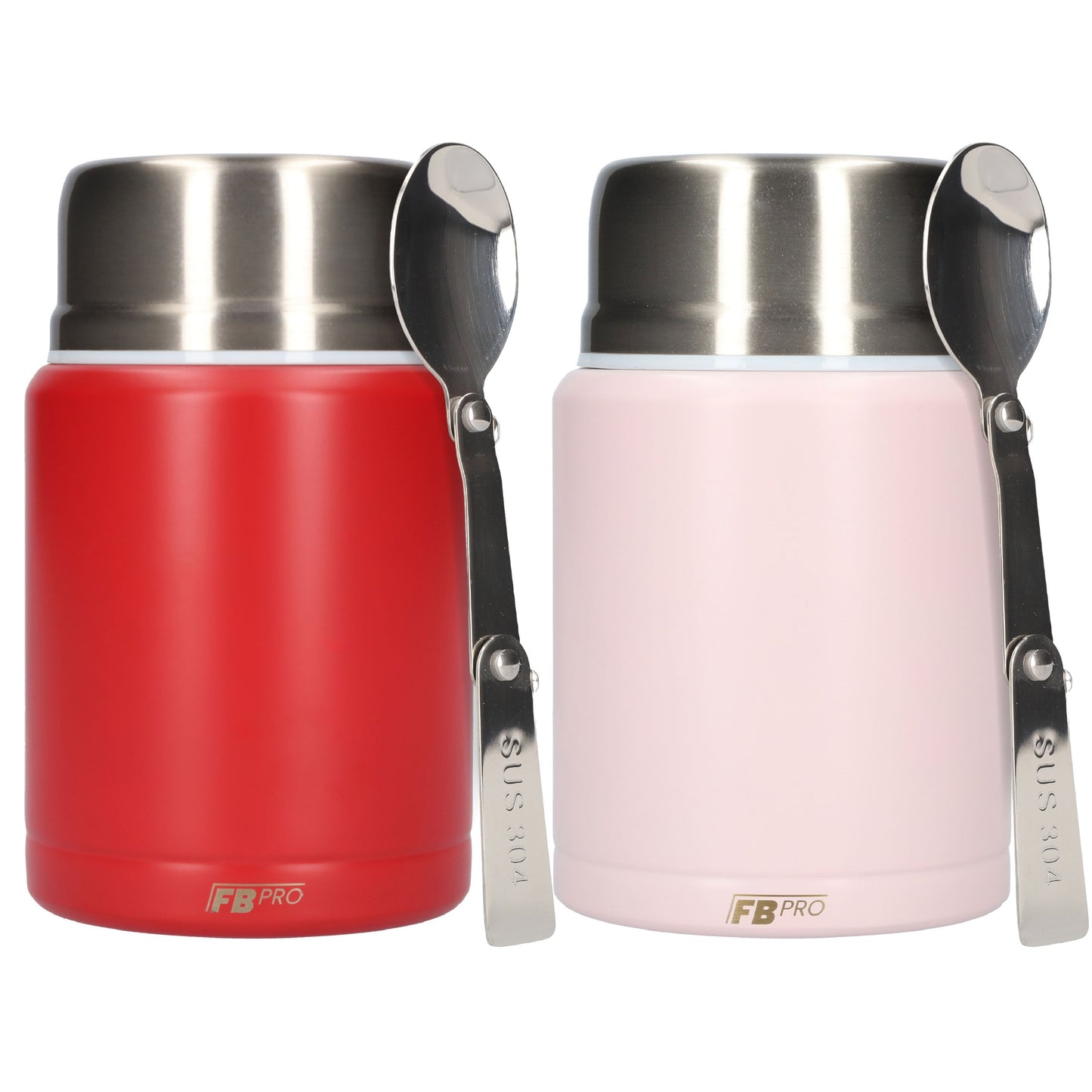 Thermos Voedselcontainer met Lepel x2 - Thermoskan Set van 2 - Rood & Licht Roze - 450ml