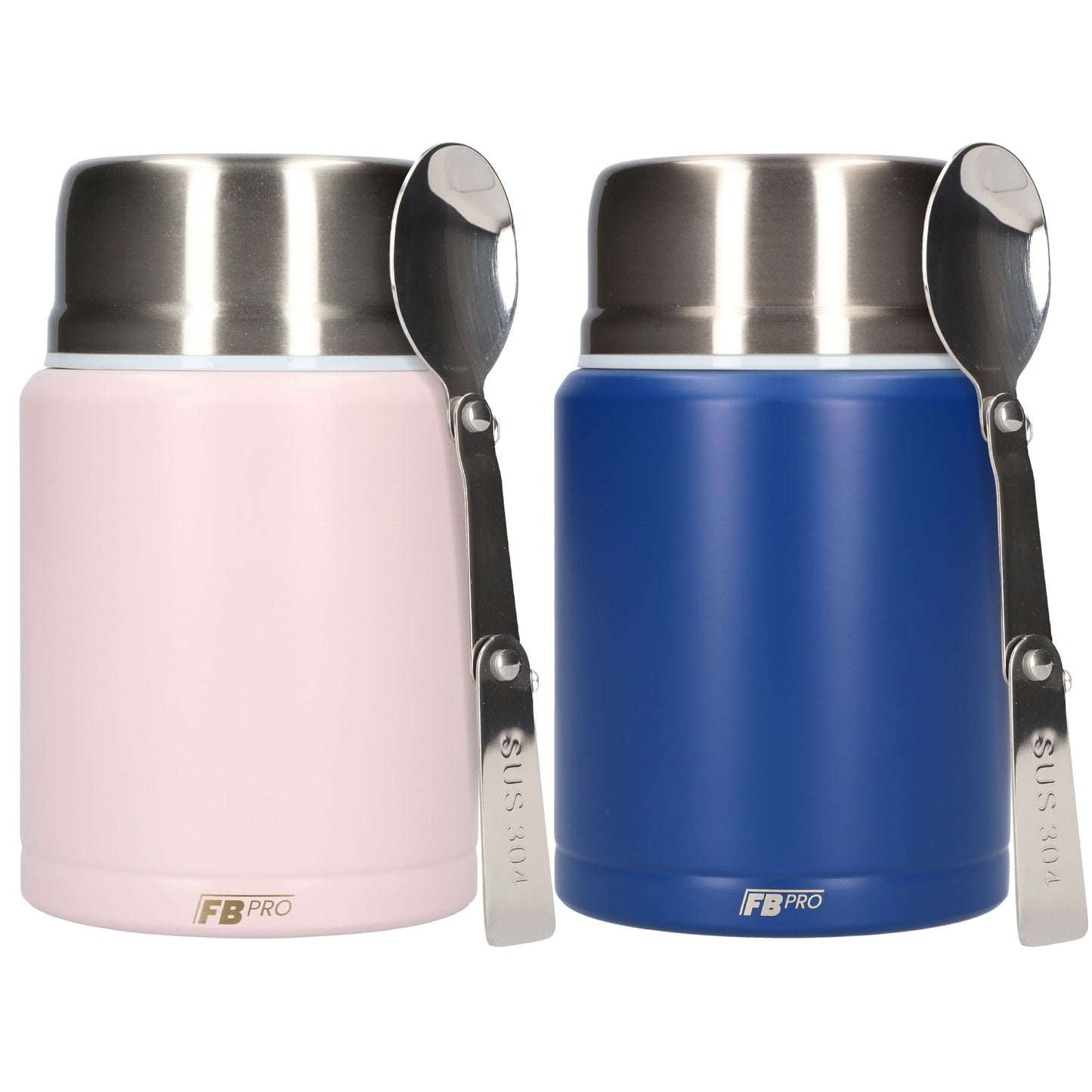 Thermos Voedselcontainer met Lepel x2 - Thermoskan Set van 2 - Thermosfles - Licht Roze & Blauw - 450ml