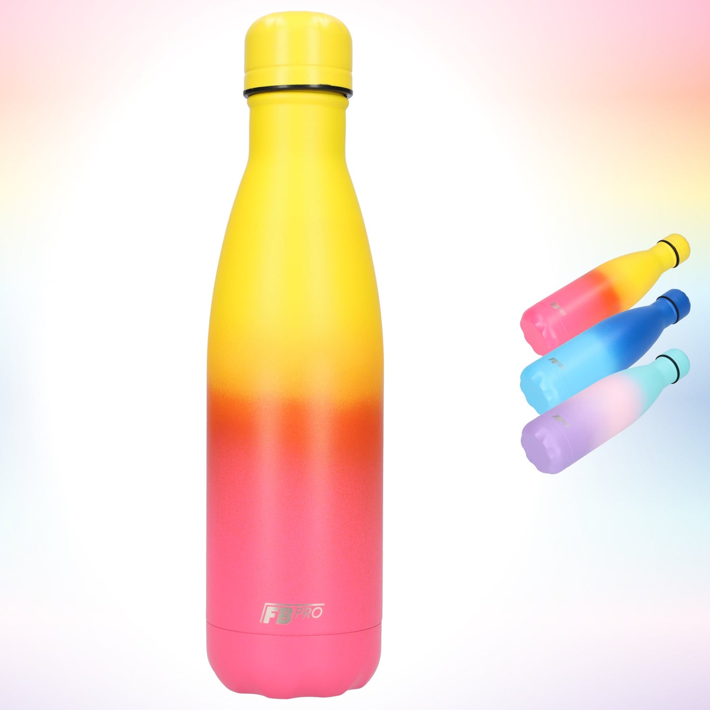 FBFS137, Thermosfles, Drinkfles, Waterfles - Modern & Slank Design - Thermos Fles voor de Warme en Koude Dagen - 500ml - Sunny Yellow & Pink - Zonnig Geel, Paars