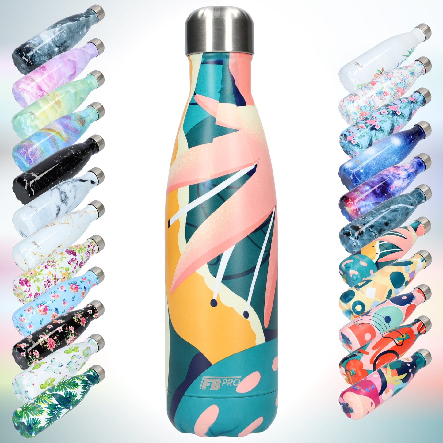 FBFS146, Thermosfles, Drinkfles, Waterfles - 500ml - Pink Leafs - Roze Bladeren