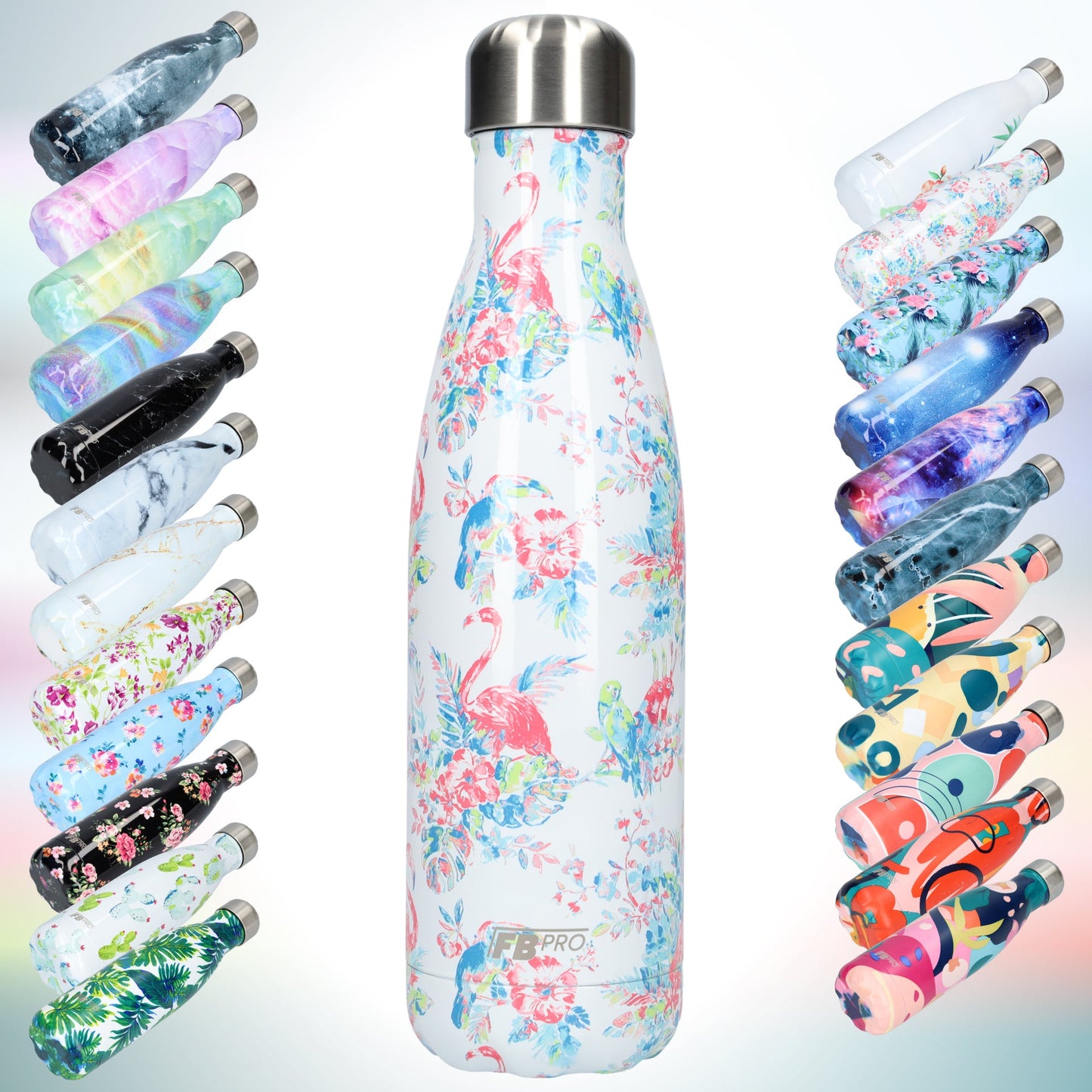FBFS45, Thermosfles, Drinkfles, Waterfles - 500ml - Flamingo Flowers - Flamingo Bloemen