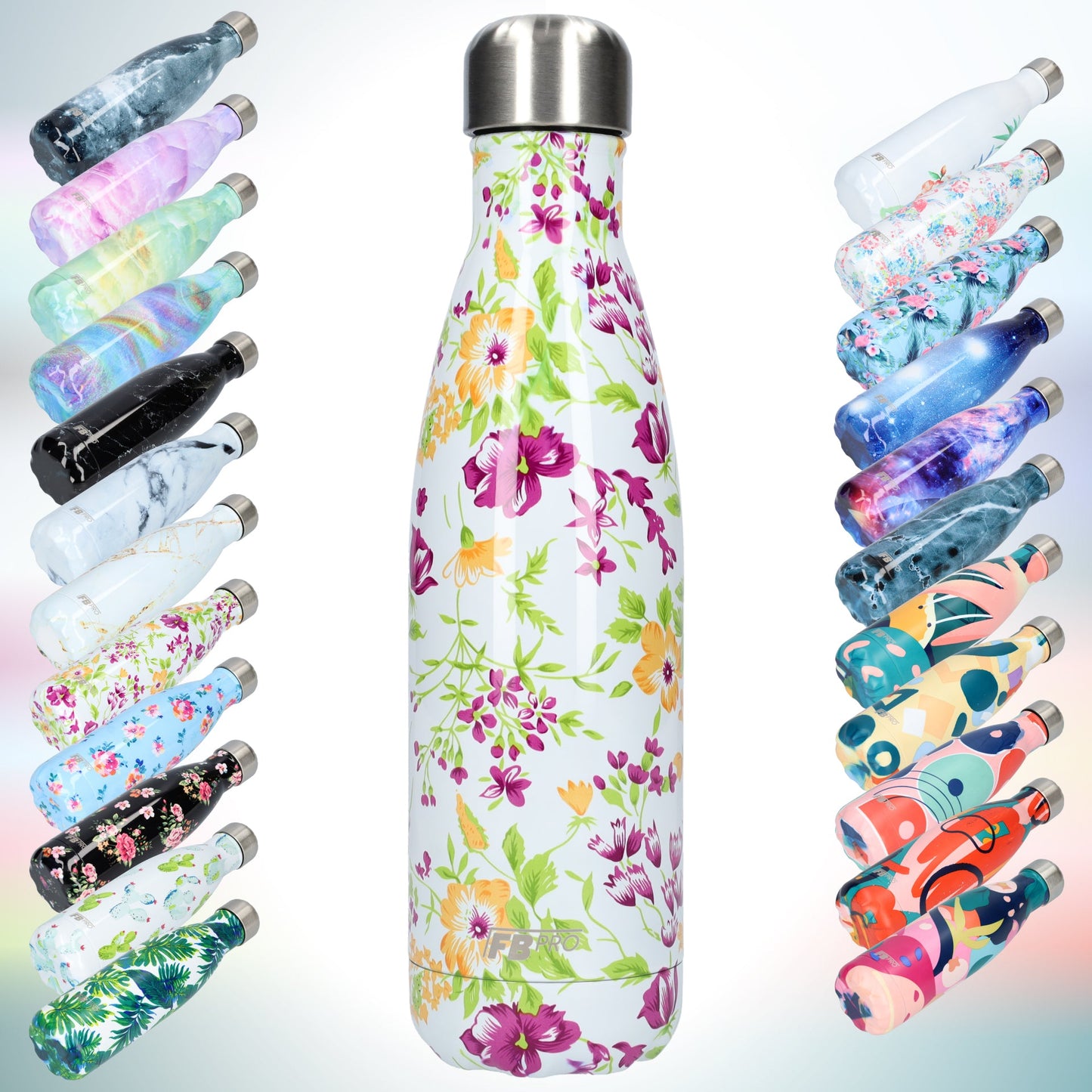 FBFS39, Thermosfles, Drinkfles, Waterfles - 500ml - Purple & Yellow Flowers - Paars & Gele Bloemen