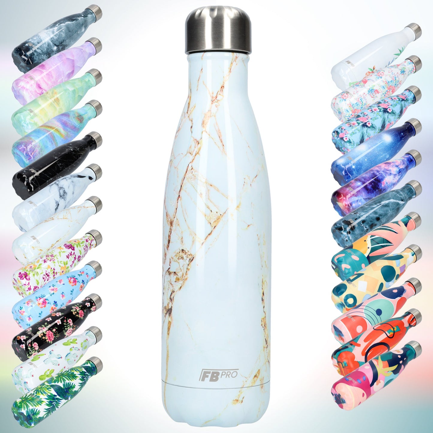 FBFS34, Thermosfles, Drinkfles, Waterfles - 500ml - White & Gold Marble - Wit & Goud Marmer