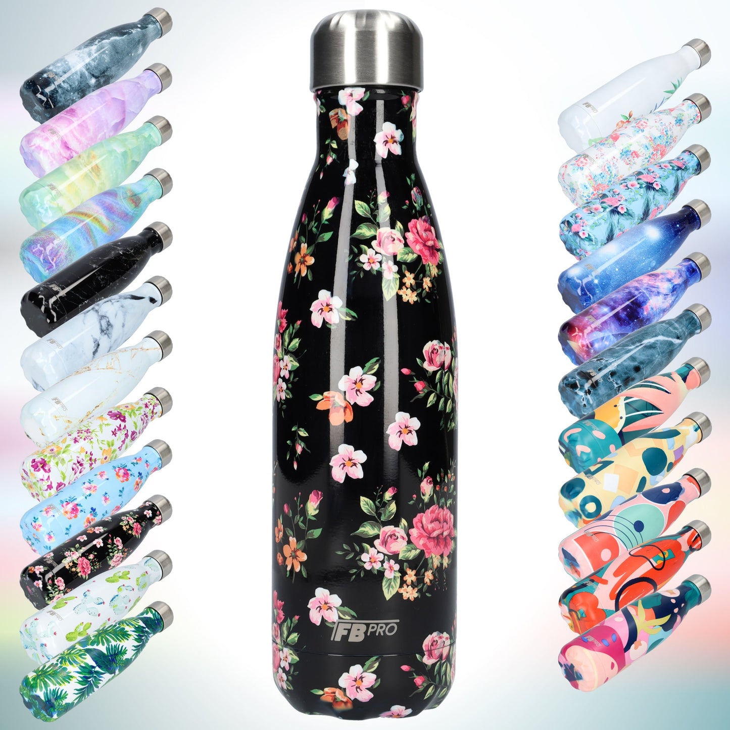 FBFS41, Thermosfles, Drinkfles, Waterfles - 500ml - Classic Black Flowers - Klassieke Zwarte Bloemen