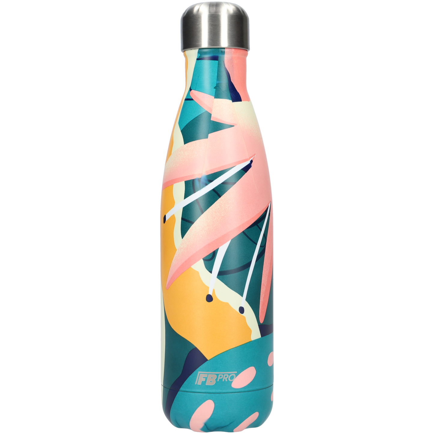 FBFS146, Thermosfles, Drinkfles, Waterfles - 500ml - Pink Leafs - Roze Bladeren