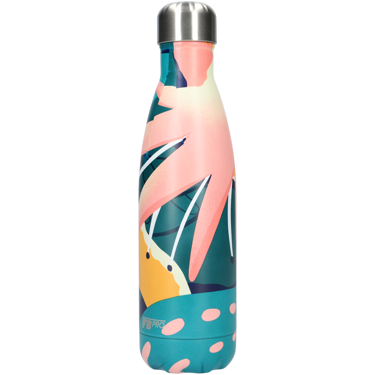 FBFS146, Thermosfles, Drinkfles, Waterfles - 500ml - Pink Leafs - Roze Bladeren