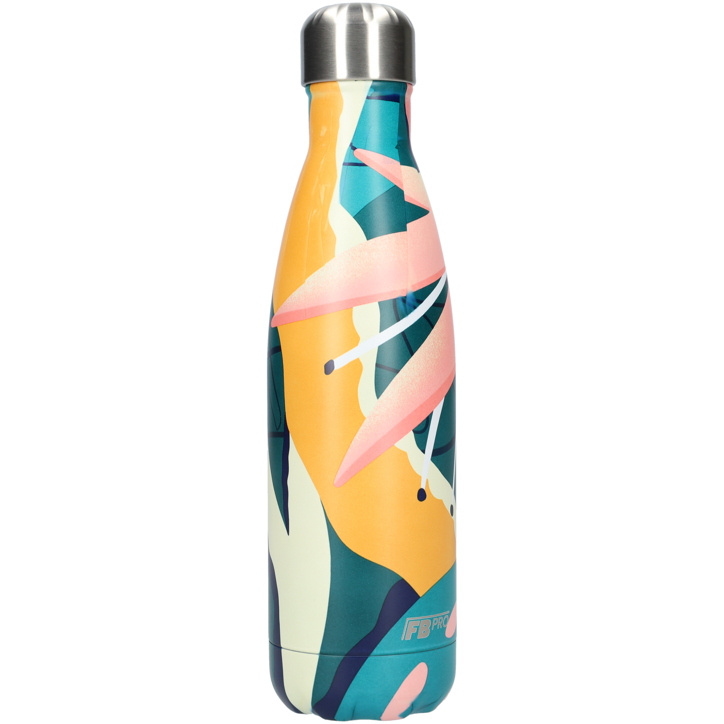 FBFS146, Thermosfles, Drinkfles, Waterfles - 500ml - Pink Leafs - Roze Bladeren