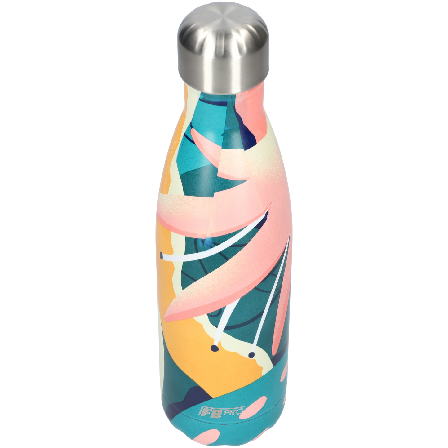 FBFS146, Thermosfles, Drinkfles, Waterfles - 500ml - Pink Leafs - Roze Bladeren