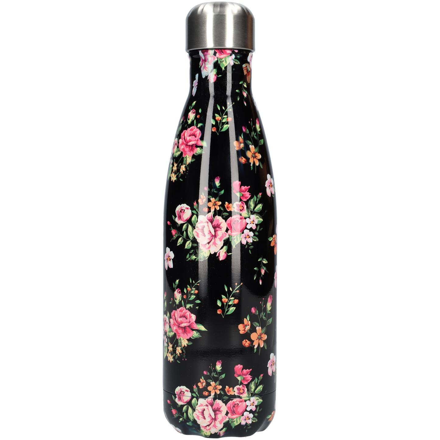 FBFS41, Thermosfles, Drinkfles, Waterfles - 500ml - Classic Black Flowers - Klassieke Zwarte Bloemen