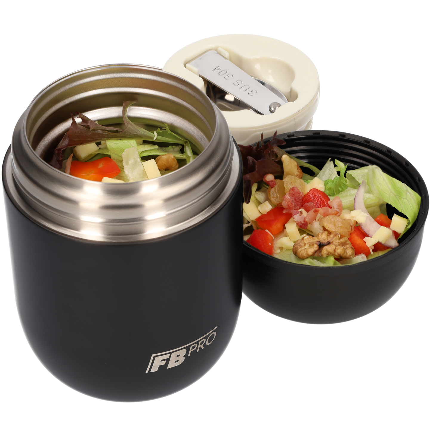 Zwarte & Lichtroze Thermos Voedselcontainer met Lepel x2 - Thermoskan - 450ml
