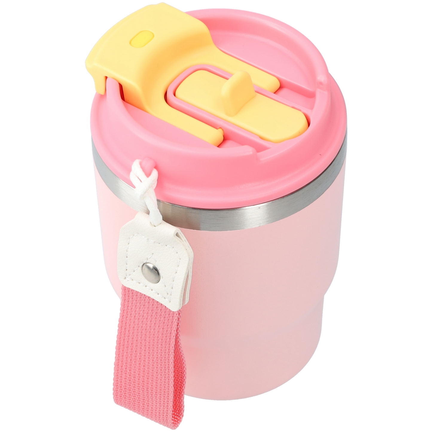 Kleine thermosbeker (400ml) - RVS drinkbeker met draaibare drinktuit en koord - Roze/Geel