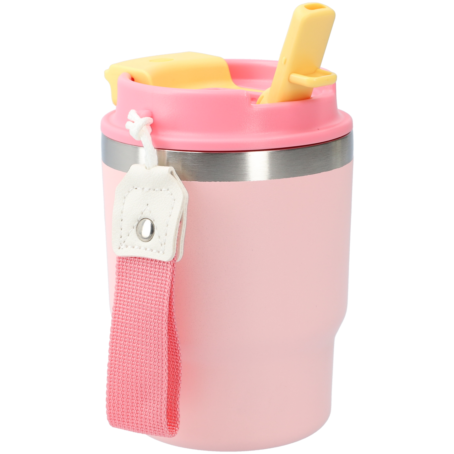 Kleine thermosbeker (400ml) - RVS drinkbeker met draaibare drinktuit en koord - Roze/Geel
