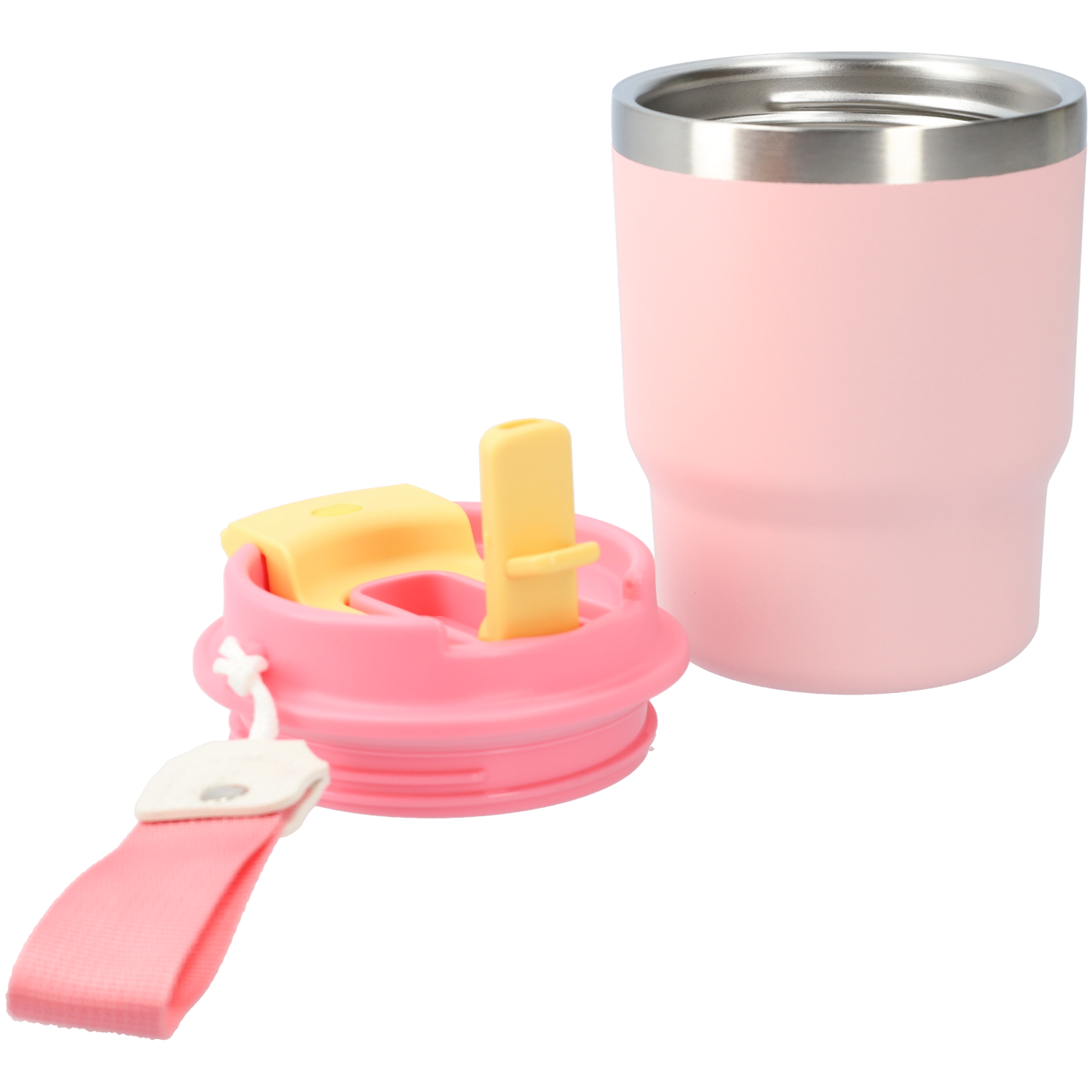 Kleine thermosbeker (400ml) - RVS drinkbeker met draaibare drinktuit en koord - Roze/Geel