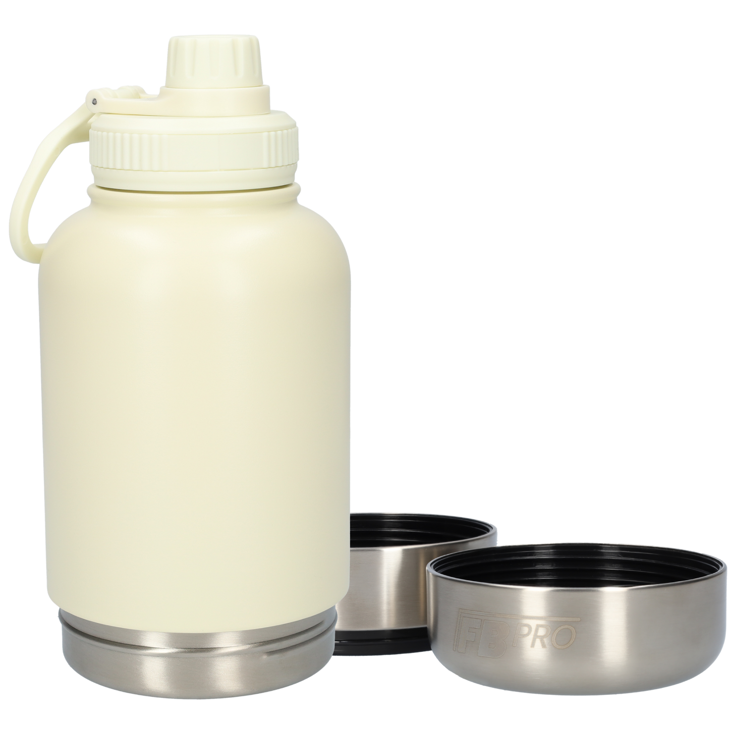 Honden drinkfles met voerbakken - Dubbelwandig - Thermosfles - RVS Fles - BPA vrij - 1 Liter - Met handvat - Créme Wit
