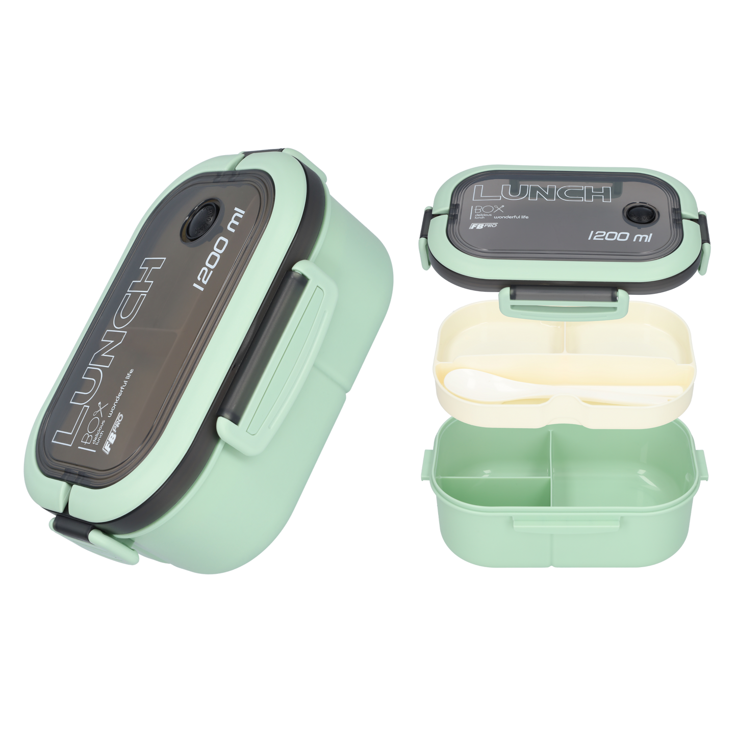 Lunchbox - Luxe bentobox - 3 vakjes - Lepel en vork inbegrepen - Ook te gebruiken als broodtrommel - Luchtdicht en lekvrij - 1200 ml - Groen