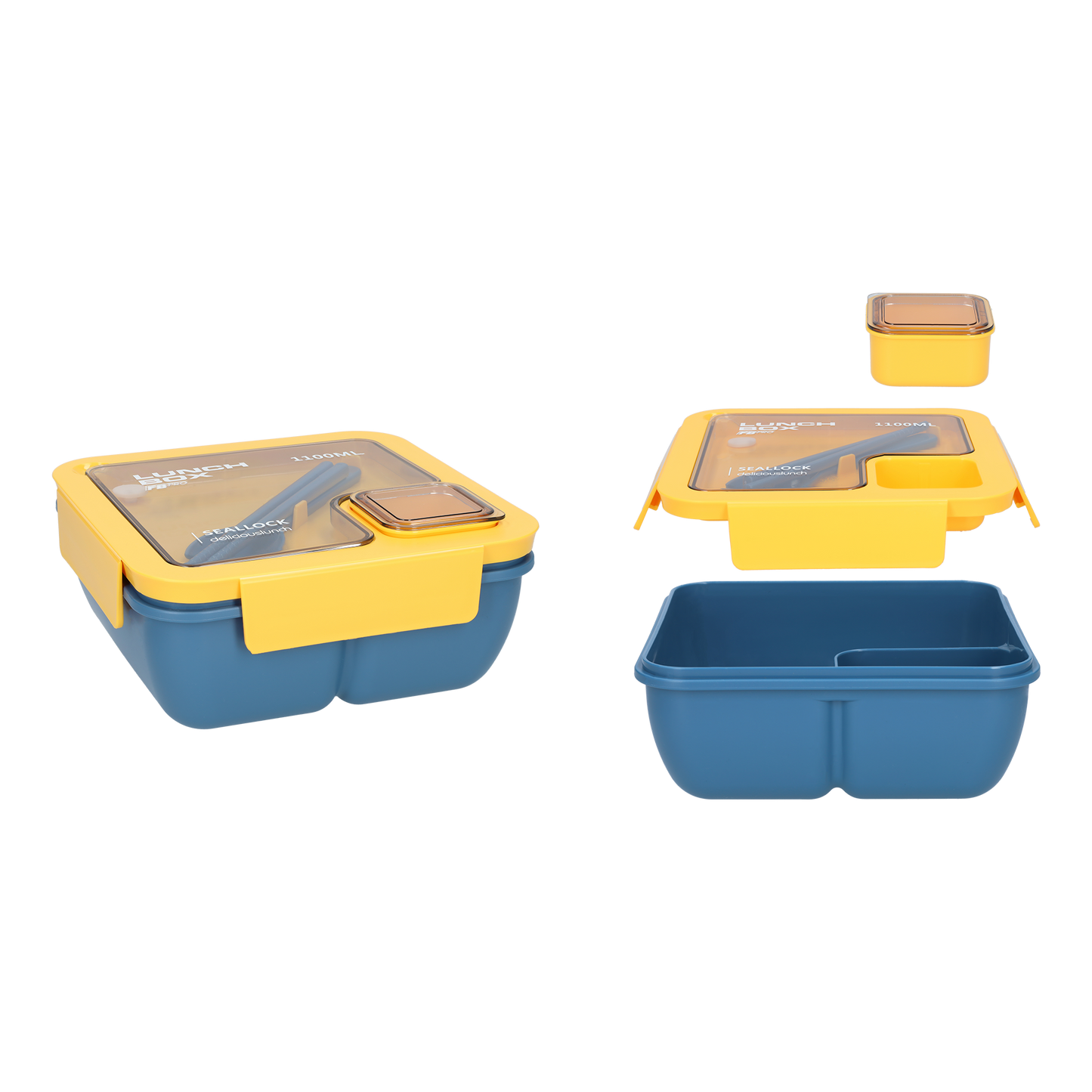 Vierkante lunchbox - 1100ml - Blauw - Geel