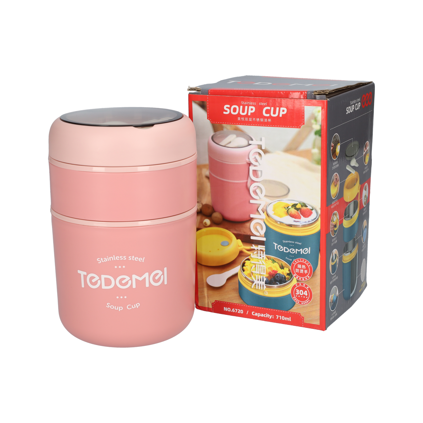 2 Laags Voedselcontainer - Thermos Voedsel Container - met Opvouwbare Lepel - Roze