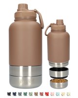 Honden drinkfles met voerbakken - Dubbelwandig - Thermosfles - RVS Fles - BPA vrij - 1 Liter - Bruin