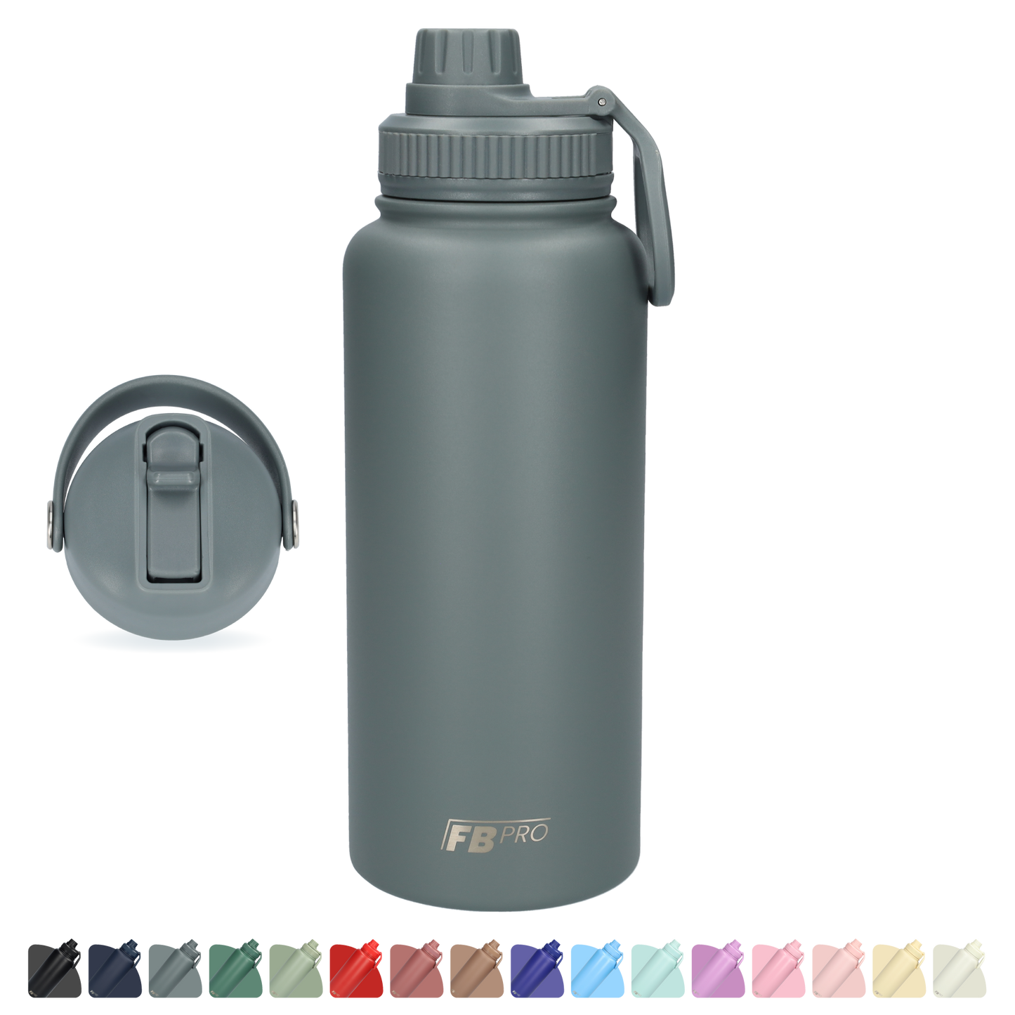 Thermos drinkfles 1 liter met extra dop - Isolerende Waterfles met draaibare drinktuit - Afgewerkt met Poedercoating - Grijs