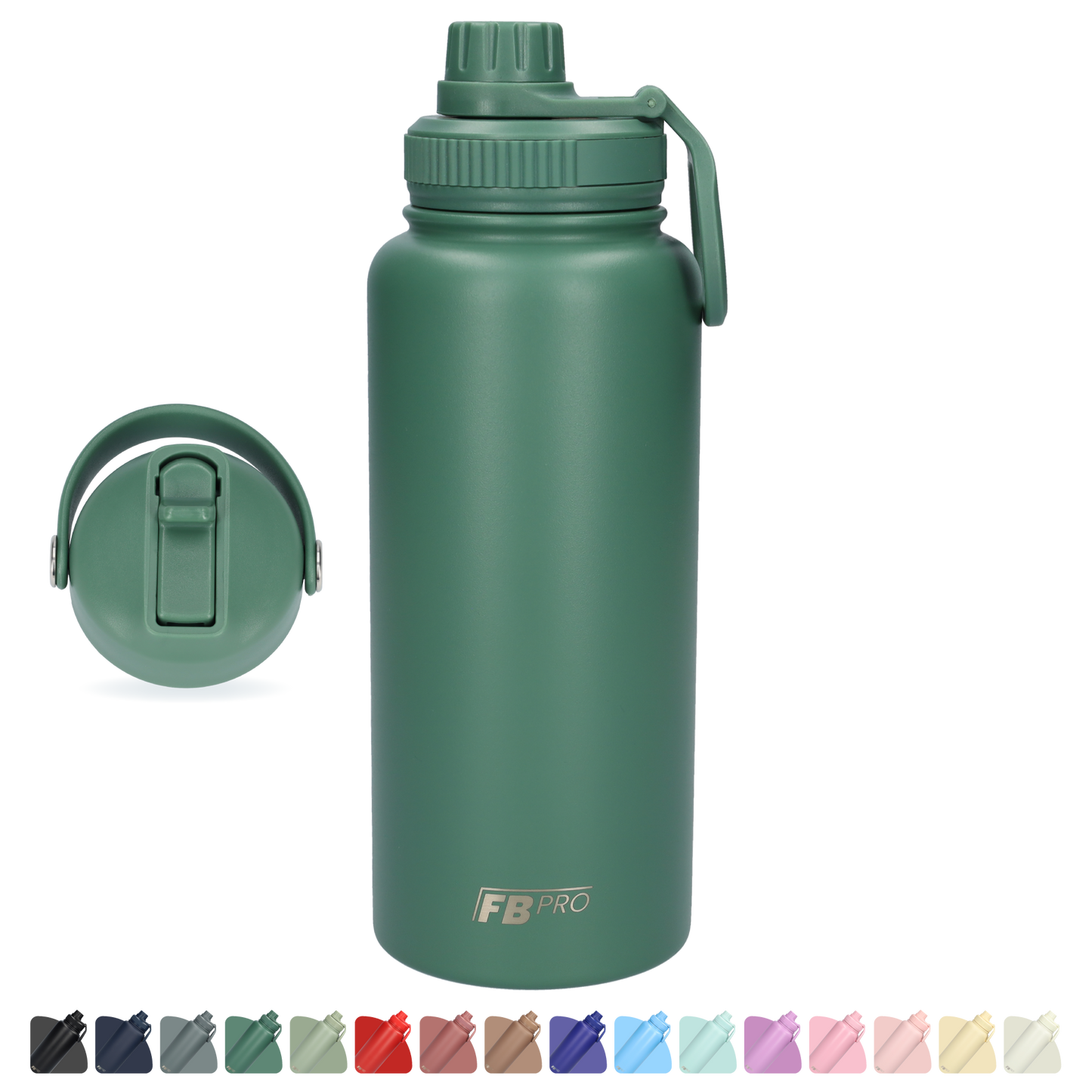 Thermos drinkfles 1 liter met extra dop - Isolerende Waterfles met draaibare drinktuit - Afgewerkt met Poedercoating - Donkergroen