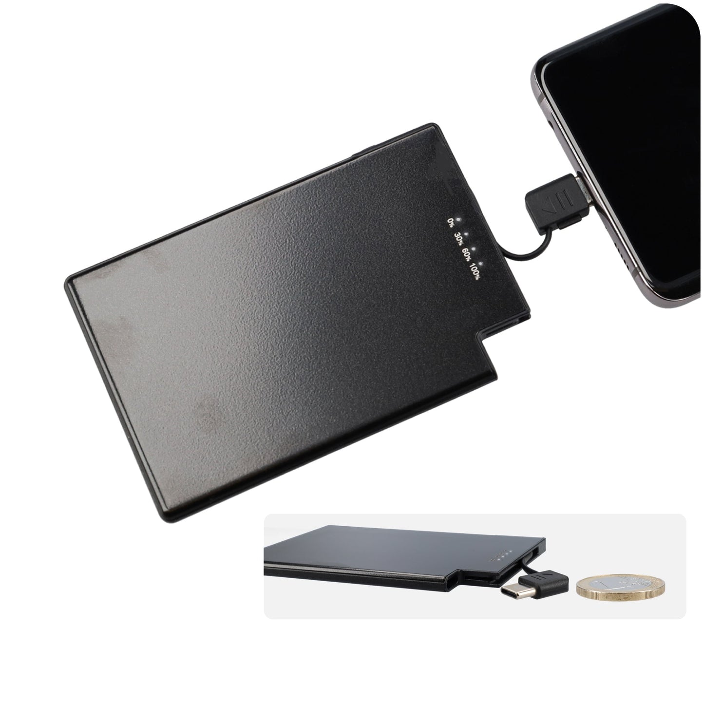 Powerbank zeer plat 5mm dik - 2650 mAh - USB ingang - USB-C - Met ingebouwde kabel! - Zwart