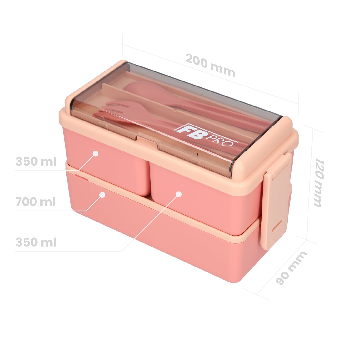 Lunchbox - 1400ml - Met servies en vakjes x3 - Roze