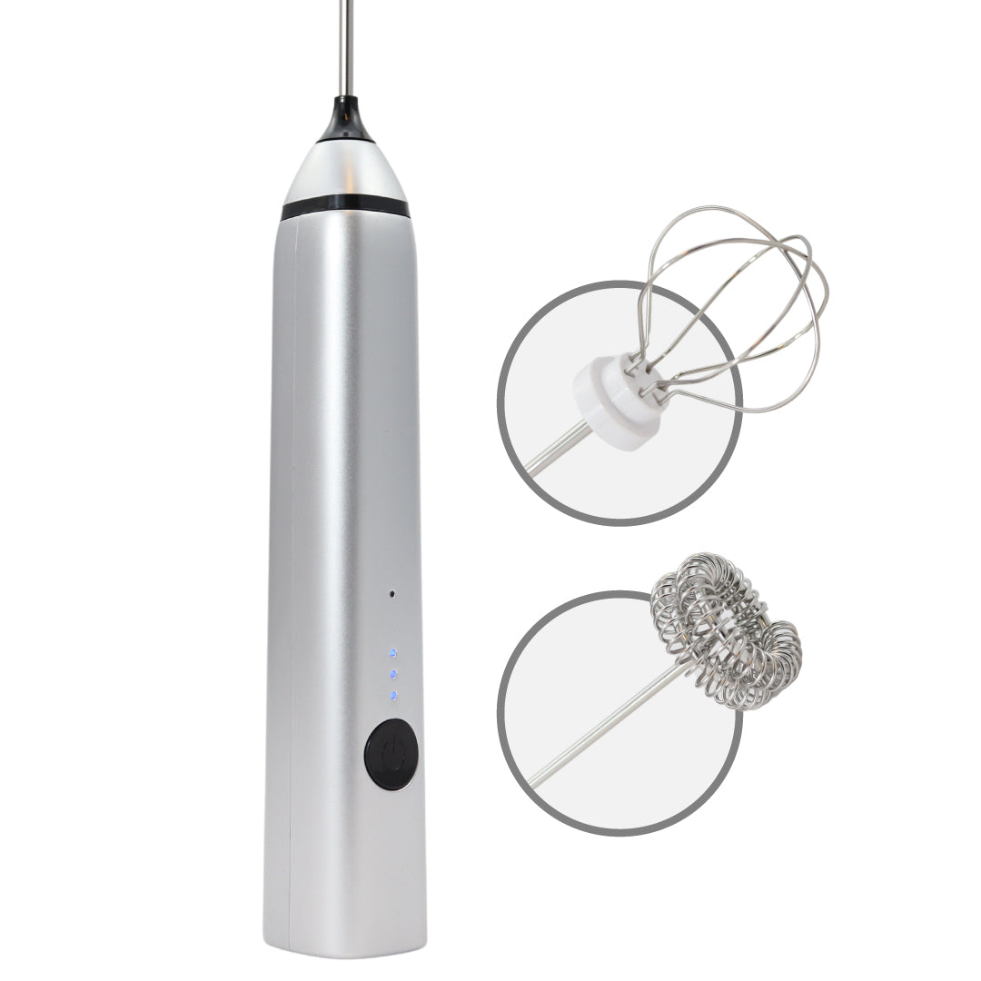 Melkopschuimer Elektrisch met 3 Standen! - Sterke Melk Opschuimer - Oplaadbaar via Micro USB - Melkklopper met 2 Opzetstukjes - Zilver