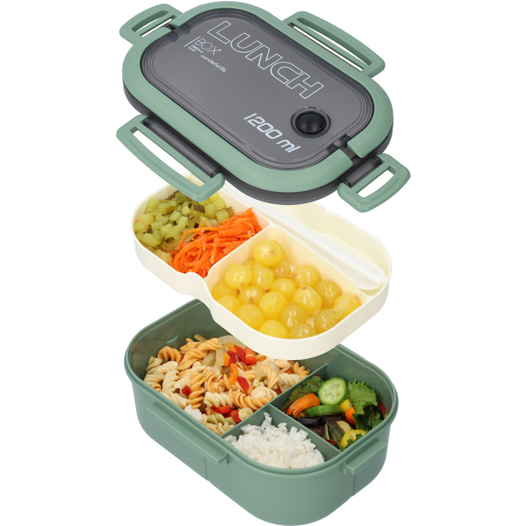 Lunchbox - Luxe bentobox - 3 vakjes - Lepel en vork inbegrepen - Ook te gebruiken als broodtrommel - Luchtdicht en lekvrij - 1200 ml - Groen