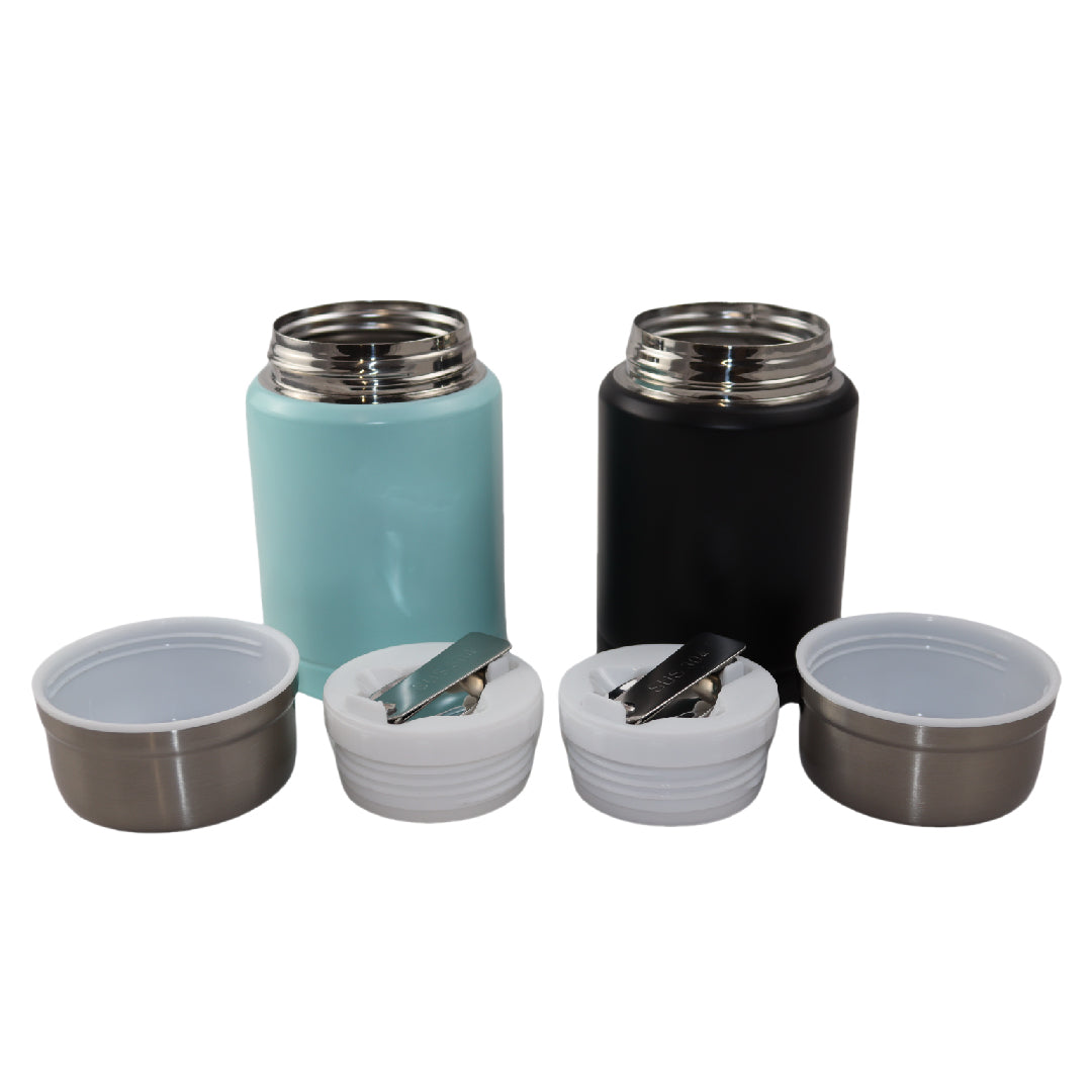 Lichtblauwe & Zwarte Thermos Voedselcontainer met Lepel x2 - Licht blauw & Zwart - 450ml