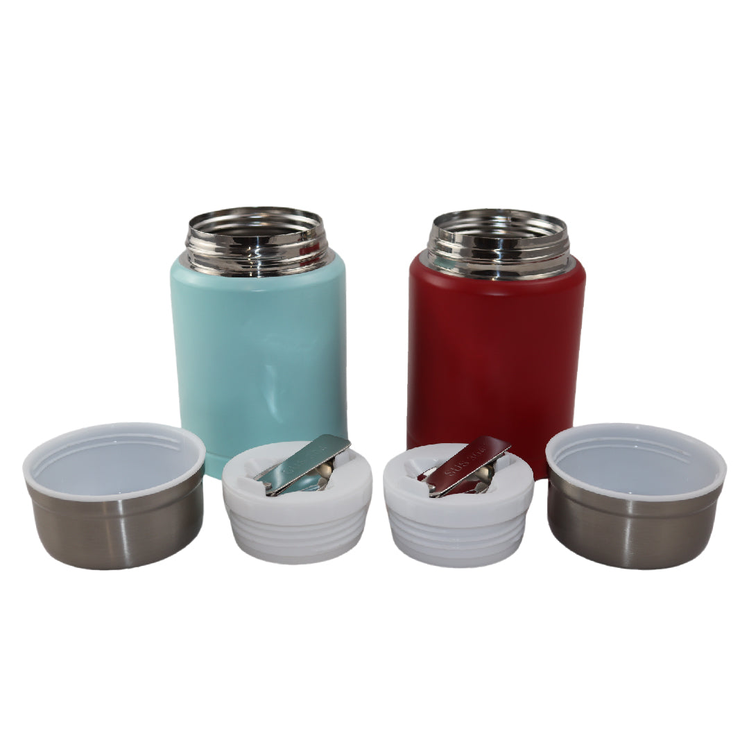 Lichtblauwe & Rode Thermos Voedselcontainer met Lepel x2 - Licht blauw & Rood - 450ml
