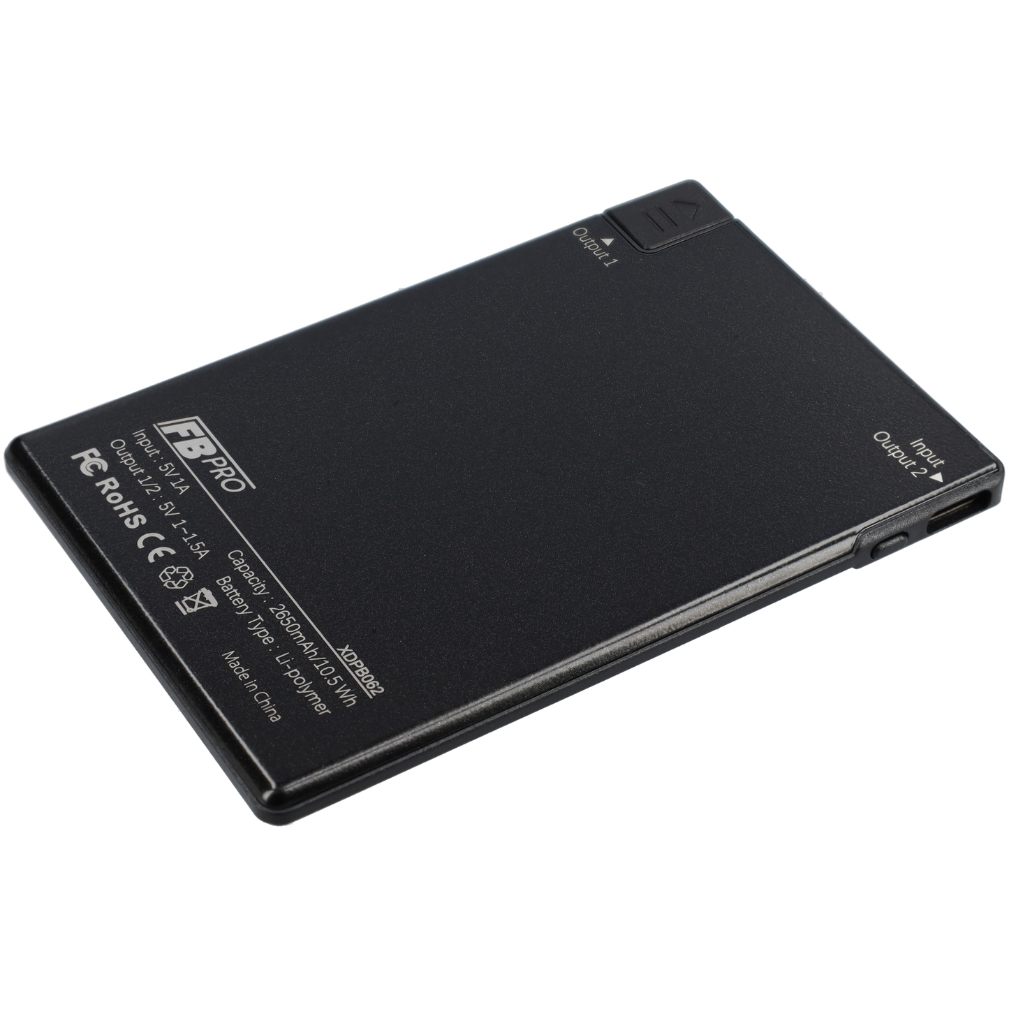 Powerbank zeer plat 5mm dik - 2650 mAh - USB ingang - USB-C - Met ingebouwde kabel! - Zwart