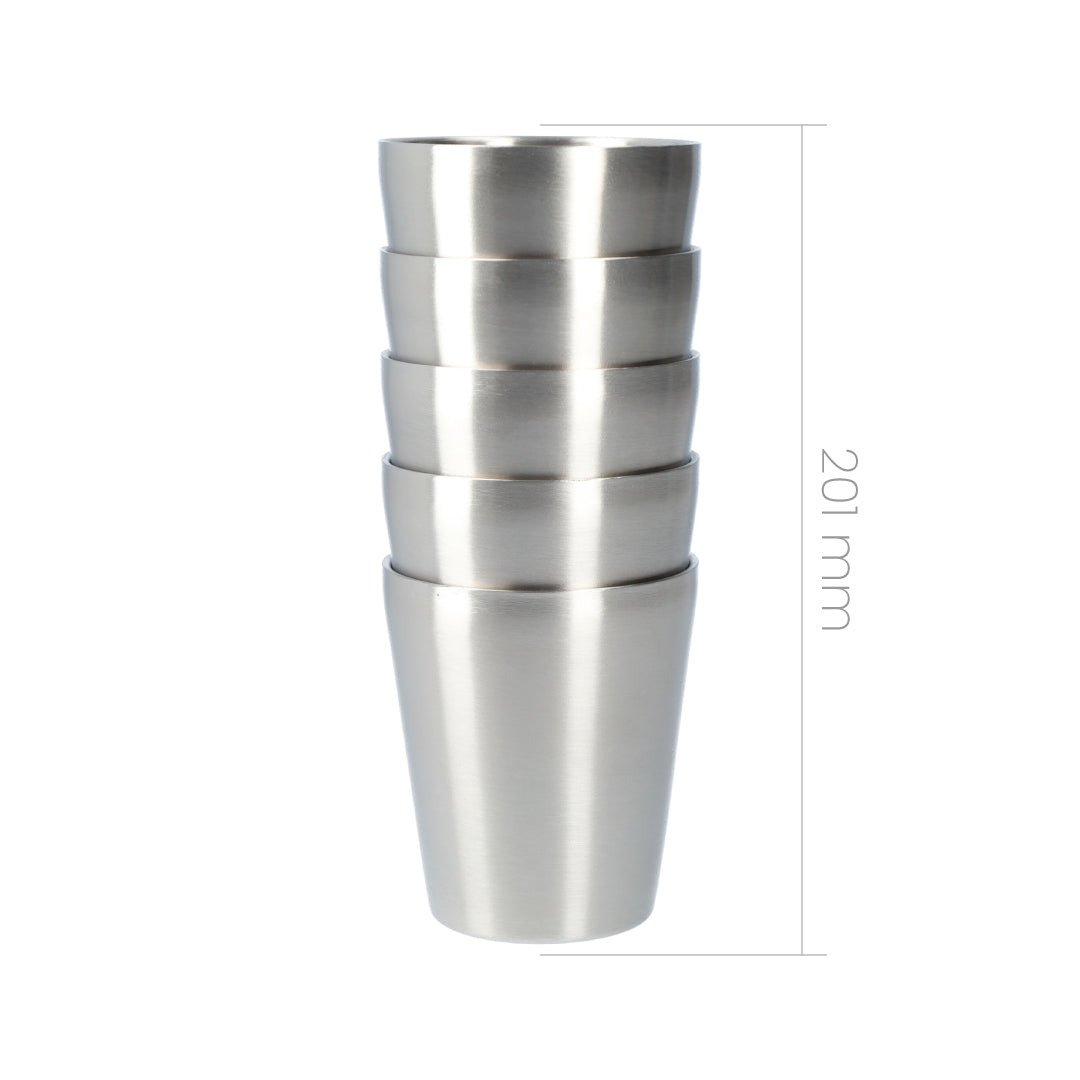 Dubbelwandige RVS beker (5 stuks!) - Roestvrijstalen bekers - Robuust design - Industriële stijl - Zilver - 300ml