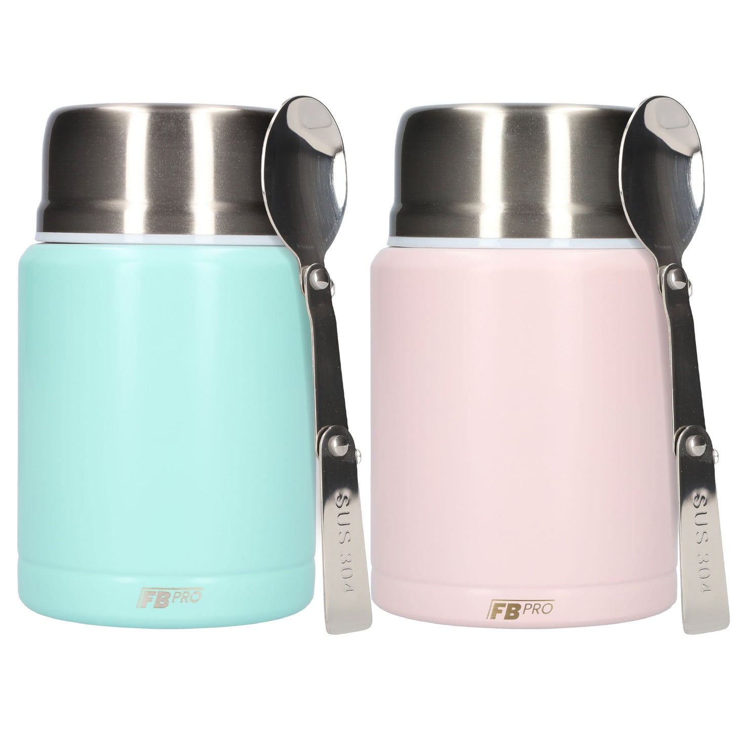 Thermos Voedselcontainer met Lepel x2 - Thermoskan Set van 2 - Licht Blauw & Licht Roze - 450ml