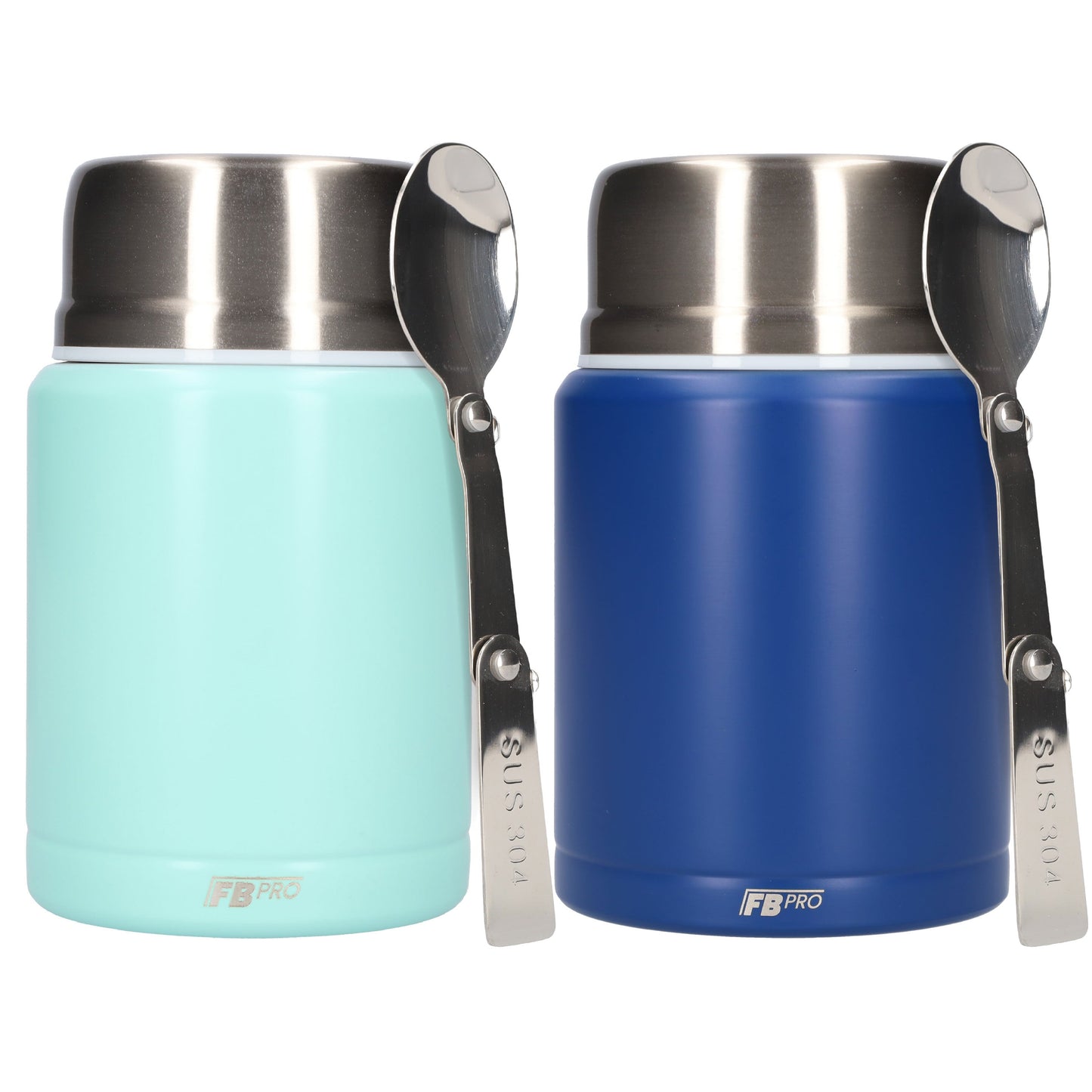 Thermos Voedselcontainer met Lepel x2 - Thermoskan Set van 2 - Lichtblauw & Blauw - 450ml