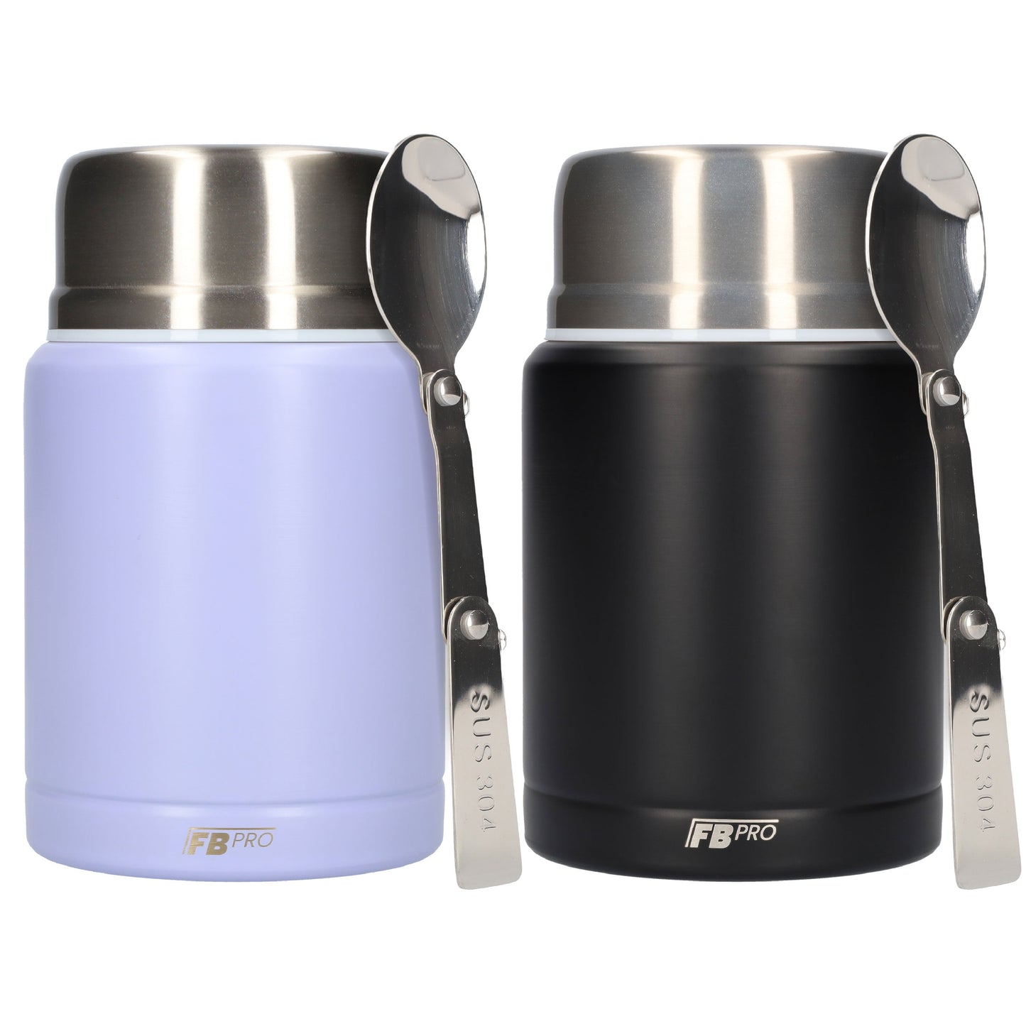 Lichtpaarse & Zwarte Thermos Voedselcontainer met Lepel x2 - Licht paars & Zwart - 450ml