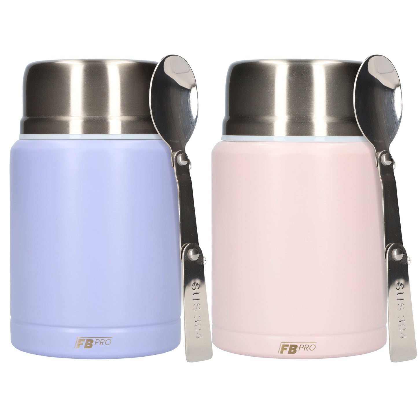 Thermos Voedselcontainer met Lepel x2 - Thermoskan Set van 2 - Licht Paars & Licht Roze - 450ml