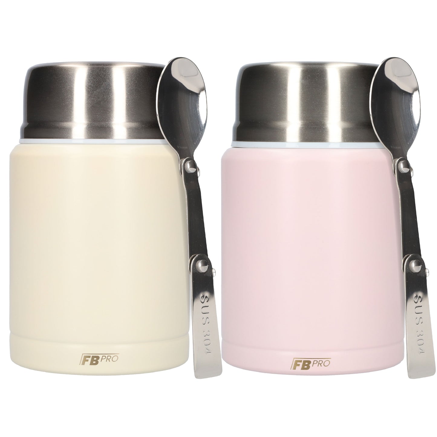 Thermos Voedselcontainer met Lepel x2 - Thermoskan Set van 2 - Ivoor Wit & Licht Roze - 450ml